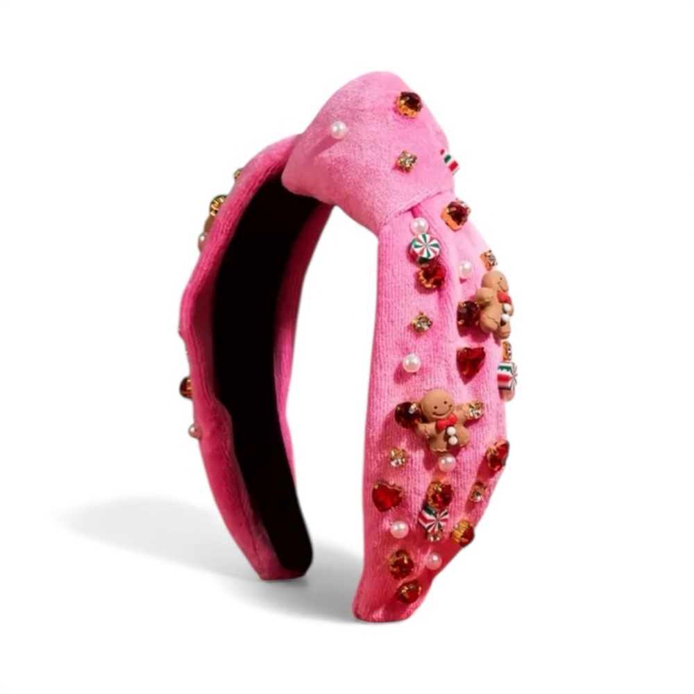 Pink Knotted Gingerbread Headband with Rhinestones & Imitation Pearls